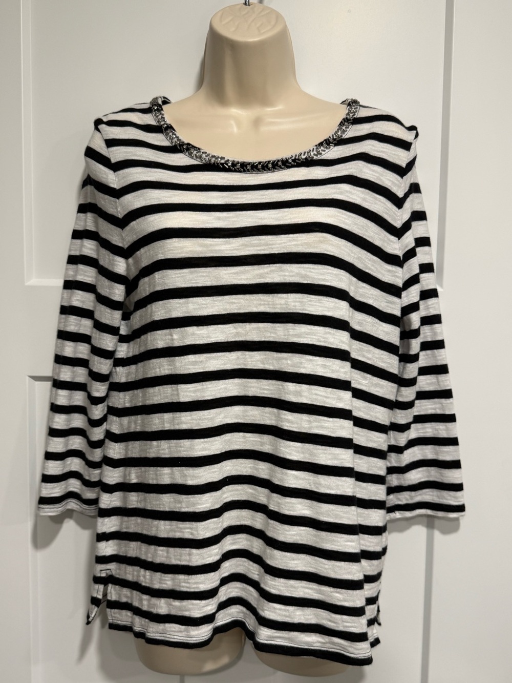 Chico’s Striped Top Size 1 M Black White Embellished Neckline Long Sleeve Modal